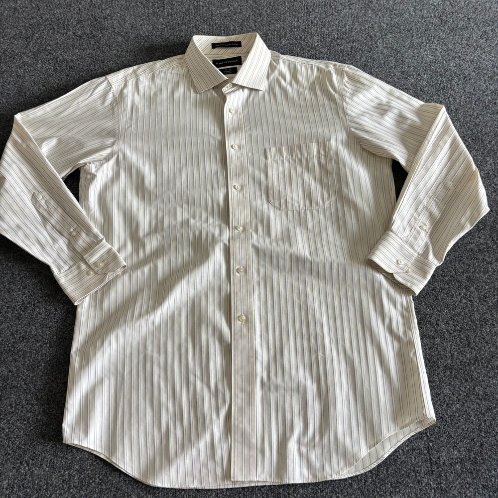 Paul Fredrick Mens 16x32 Tailored Fit Non-Iron Striped Dress Shirt Yellow Blue